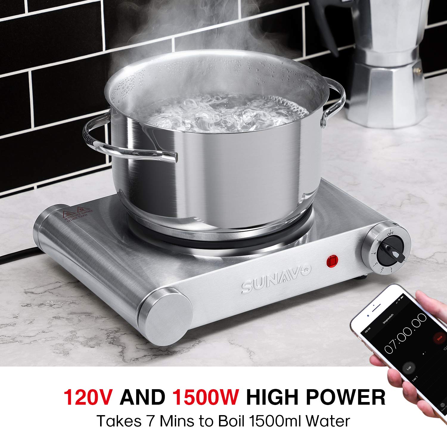 SUNAVO 1500W Hot Plates for Cooking, Electric Single Burner with Handles, 6  Powe