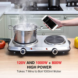 Hot Plates for Cooking, 1800W Electric Double Burner with Handles, 6 Power Levels Stainless Steel Hot Plate for Kitchen Camping RV and More