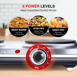 Hot Plates for Cooking, 1800W Electric Double Burner with Handles, 6 Power Levels Stainless Steel Hot Plate for Kitchen Camping RV and More