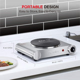 Hot Plate for Cooking Portable Electric Single Burner 1500W 5 Power Levels Cast-Iron Stainless Steel Silver