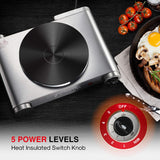 Hot Plate for Cooking Portable Electric Single Burner 1500W 5 Power Levels Cast-Iron Stainless Steel Silver