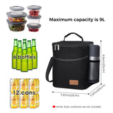 Box for Adult 9L Insulated Large Lunch Bag Leakproof Thermal Bento Bag for Work, Black